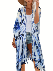 Floral Print Tassel Trim Batwing Sleeve Cover Up Kaftan