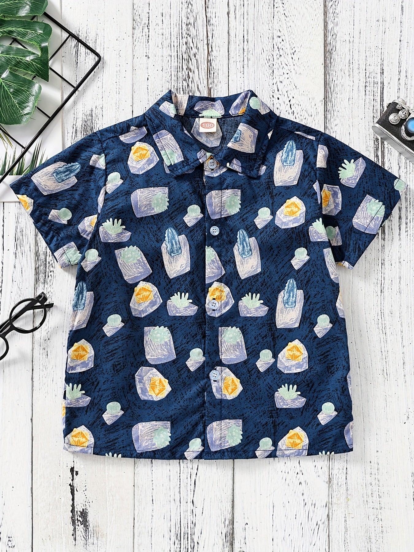 Boys Grass & Stone Short Sleeves Hawaiian Shirt for Beach Vacation