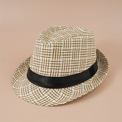 Plaid Striped Jazz Fedora Cap Straw Sun Hat British Style Trilby Hats