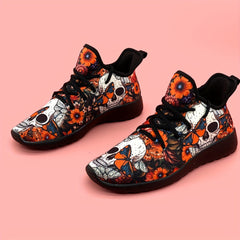 Women's Skull & Flowers Print Sneakers Lace Up Outdoor Shoes