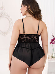 Lace Ruffle Trim V Neck Teddy Bodysuit
