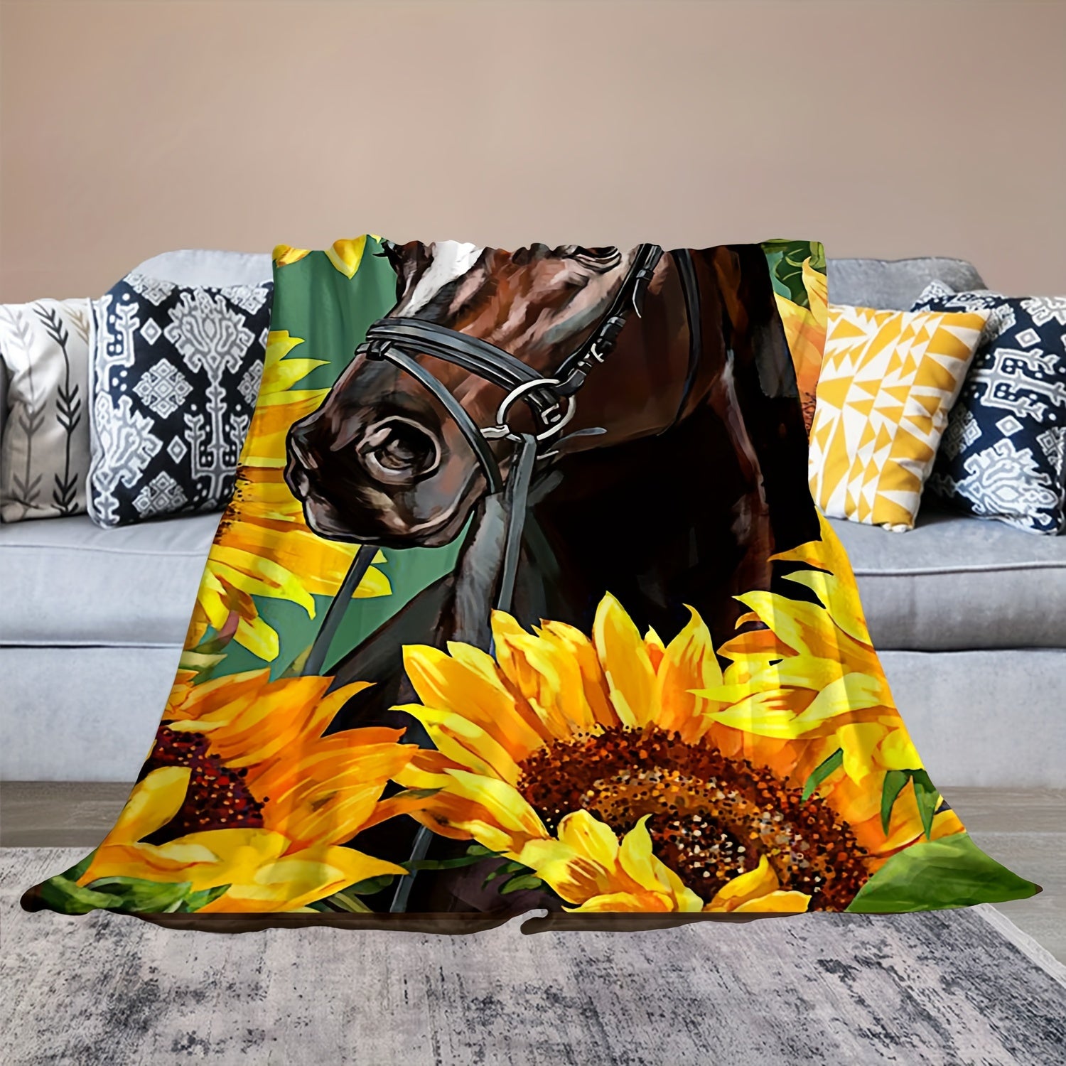 Horse Sunflower Painting Pattern Blanket Soft Cozy Flannel Lightweight Blanket