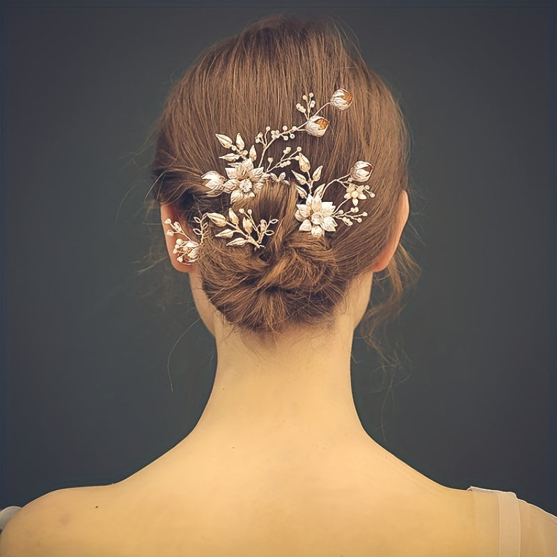 Alloy Flower Golden Hair Pin Inlaid Faux Pearl U shaped Hairpin Ponytail Holder