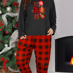 Christmas Lounge Set Bell & Letter Print Tee Plaid Pants Pajam