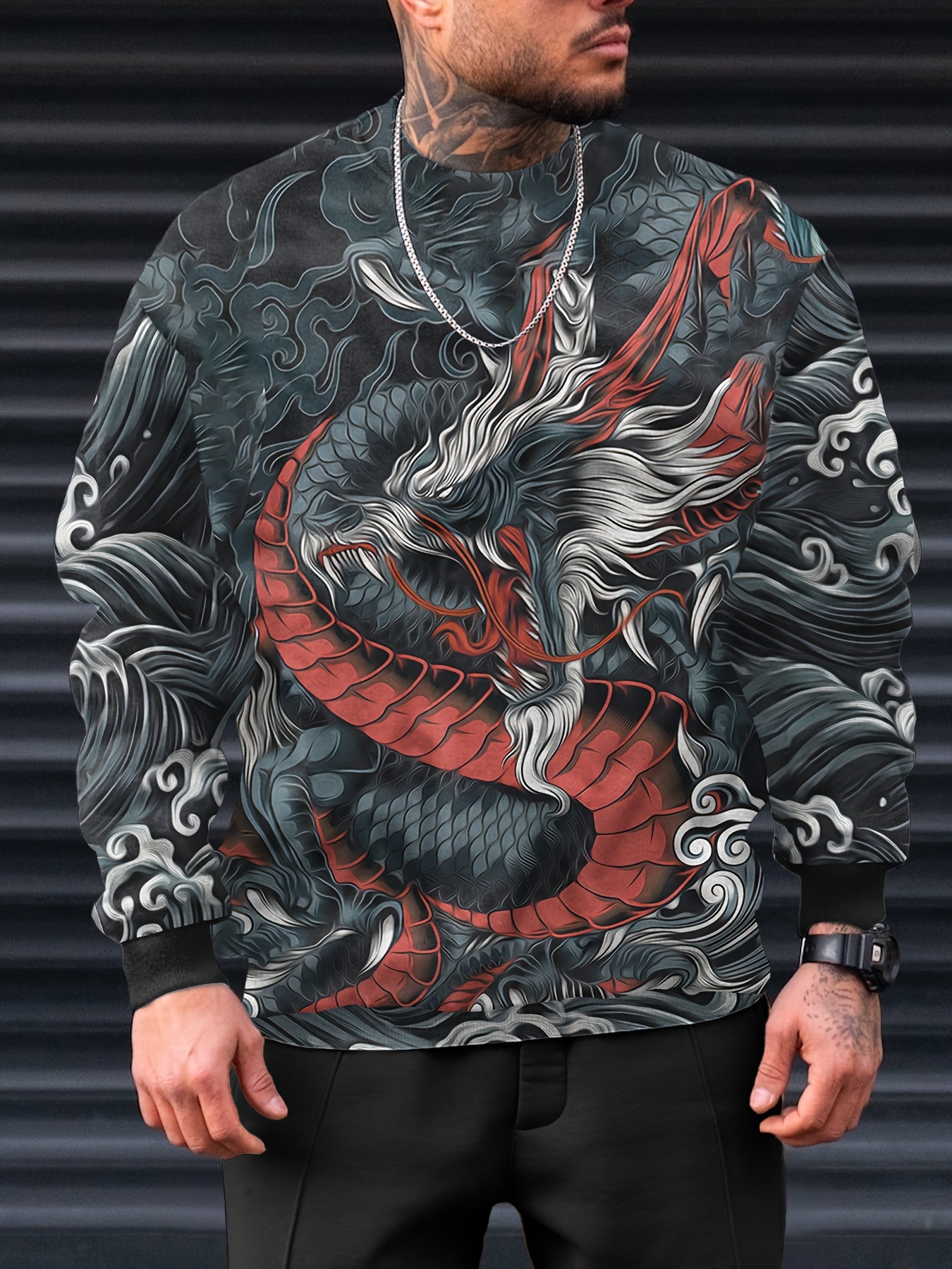 Men's Dragon Pattern Sweatshirt Sports Top