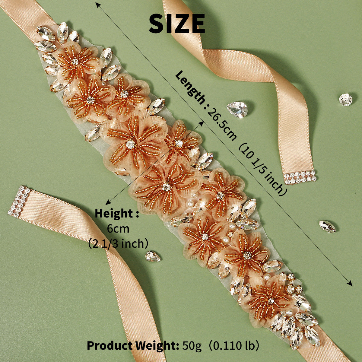 Crystal Rhinestone Bridal Belt with Organza Ribbon