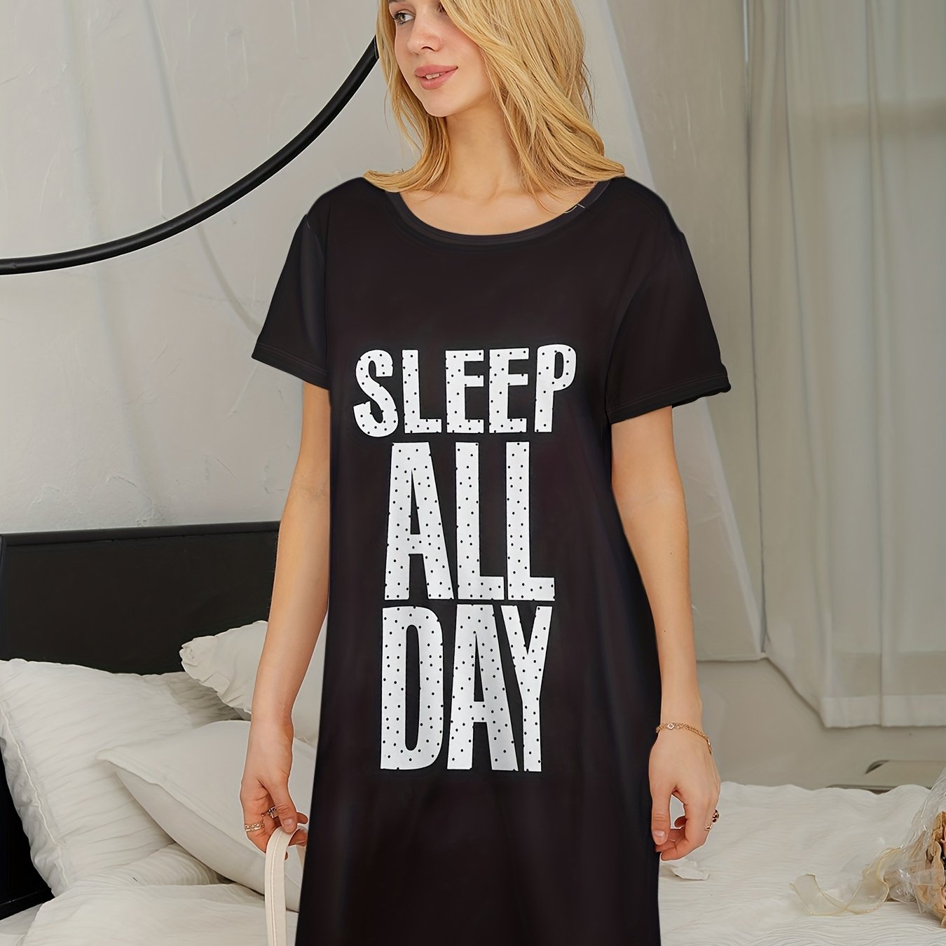 Letter Print Crew Neck Pajama Dress Women's Sleepwear