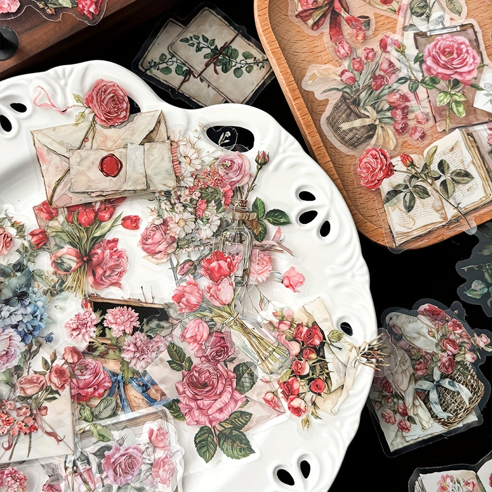 50pcs PET Floral & Letter Stickers Adhesive Shapes Laptop Phone Case Decoration