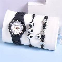 Boys' Soccer Watch Set 3pcs Silicone Strap Quartz Sports Football Motifs