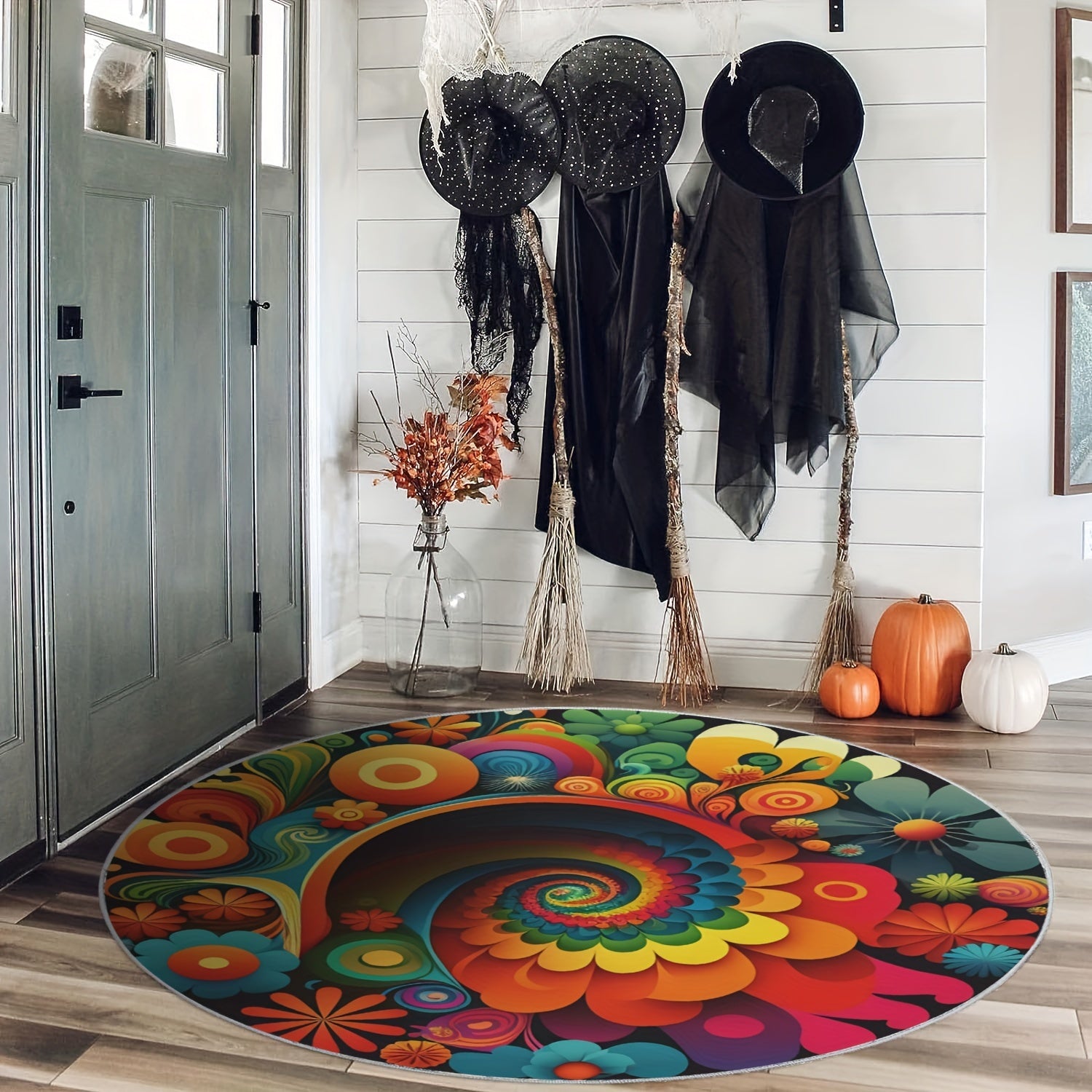 Colorful Ornamental Round Area Rug Soft Circles Carpet Non Slip