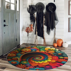 Colorful Ornamental Round Area Rug Soft Circles Carpet Non Slip