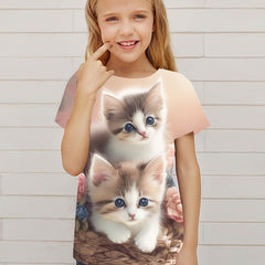Breathable Cat Graphic T-shirt For Girls Summer Gift Sports