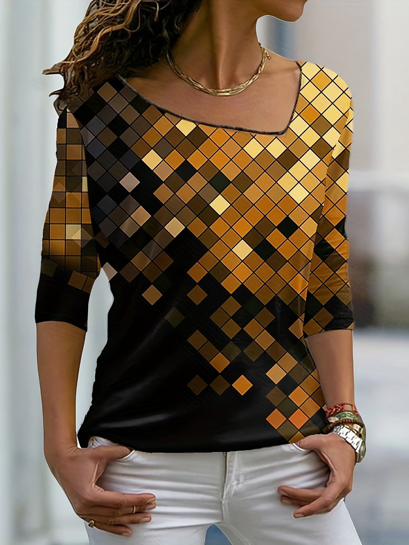 Plaid Print Asymmetrical Neck Sweatshirt for Women