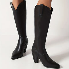 Women's Point Toe Block Heeled Boots Faux Leather Slip On Stylish Boots
