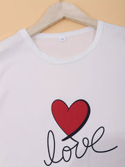Heart Print Pajama Set Short Sleeve Crew Neck Top & Elastic Waistband Shorts