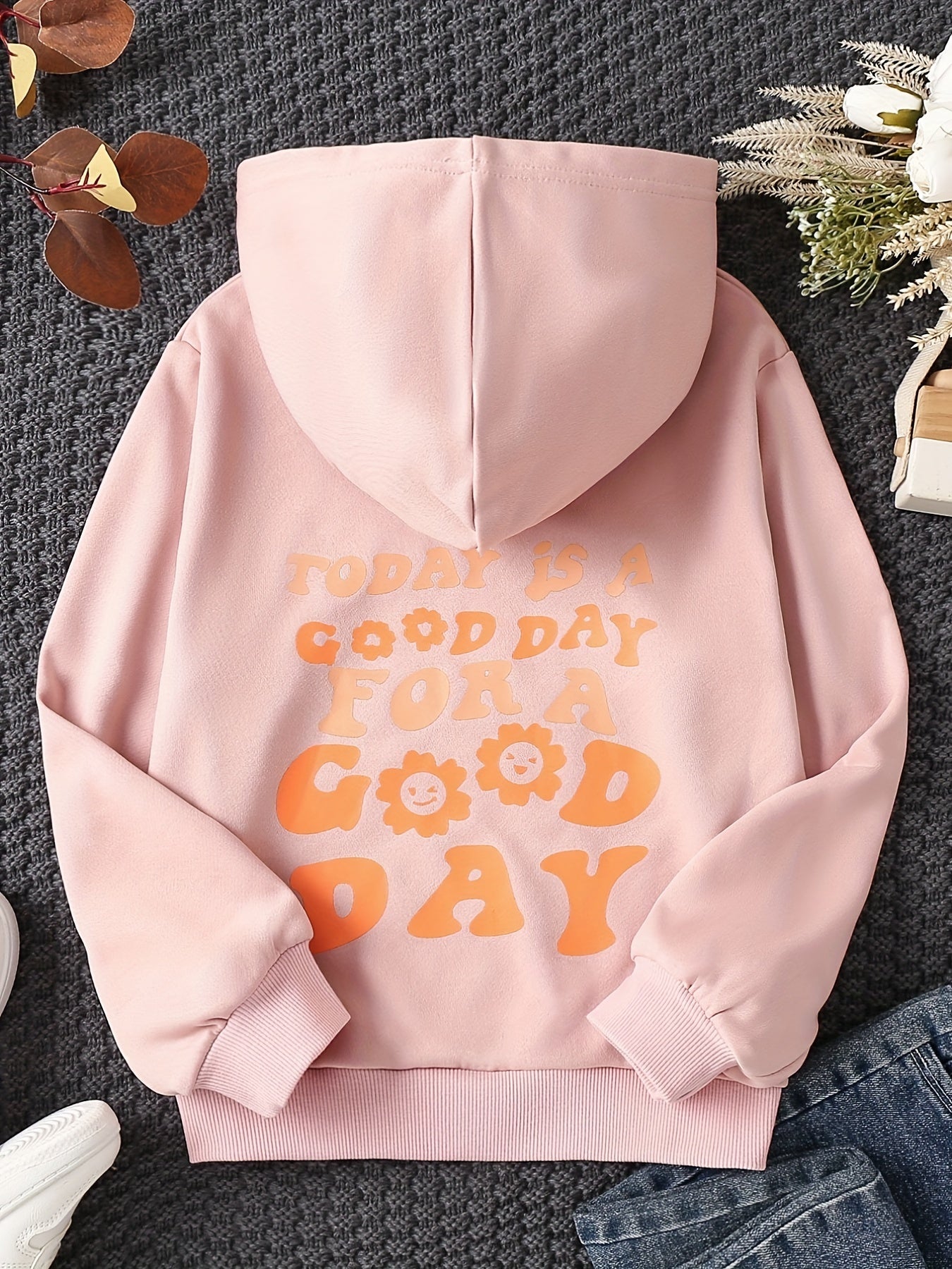 Girls Smile & Flower Graphic Hooded Sweatshirt Long Sleeve Hoodies Pullover Tops