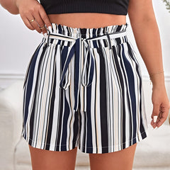 Women's Plus Stripe Print High Rise Shorts with Belt