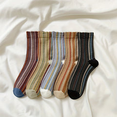 5 Pairs Colorblock Striped Socks, Retro Style Stockings
