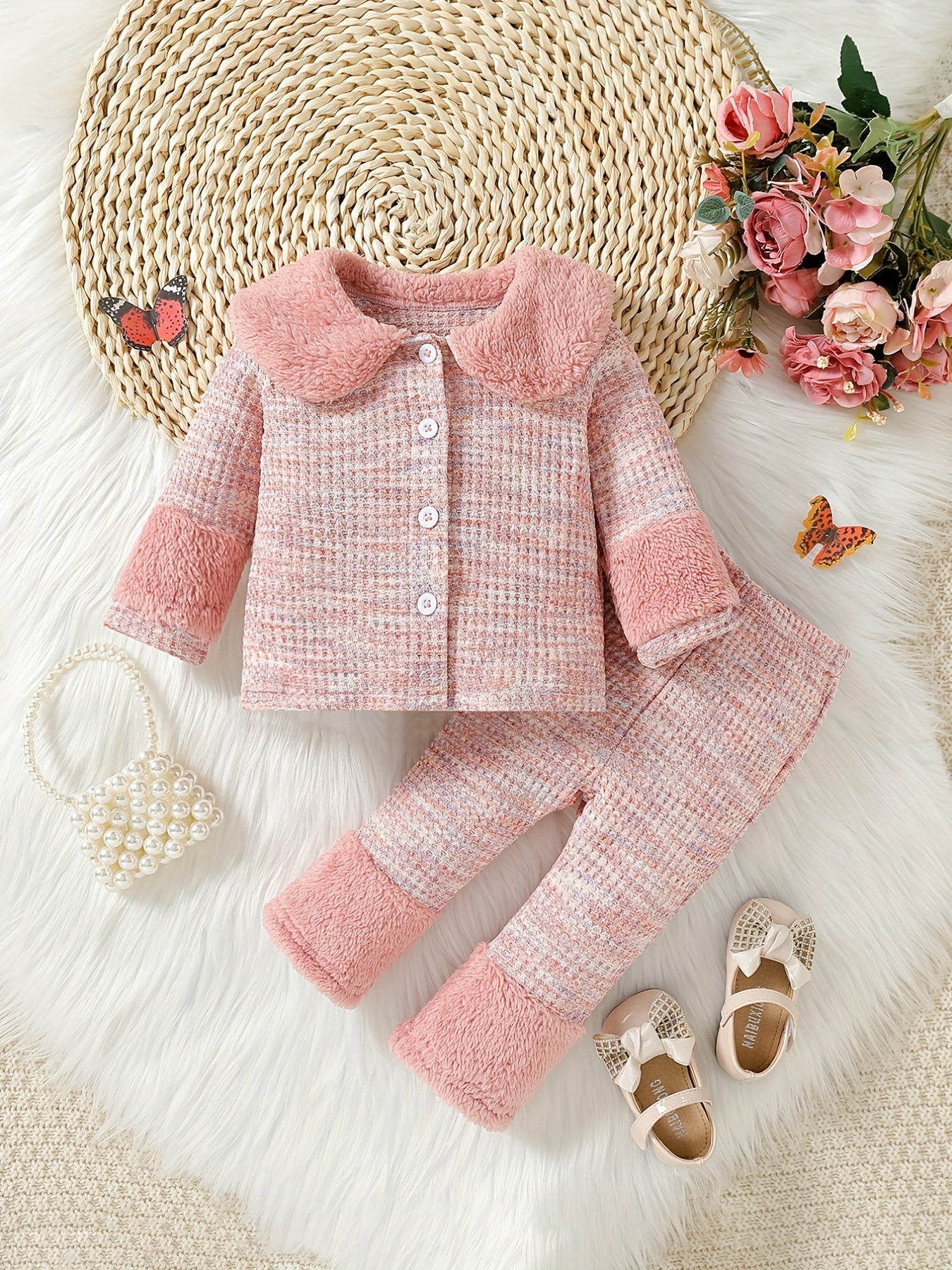 Baby Girls Colorful Cardigan & Pants Set with Furry Cuffs - Fall Winter