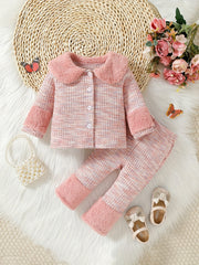Baby Girls Colorful Cardigan & Pants Set with Furry Cuffs - Fall Winter