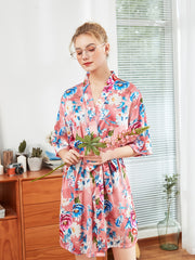 Floral Print Night Robe V Neck Half Sleeve House Robe Women's Sleepwear
