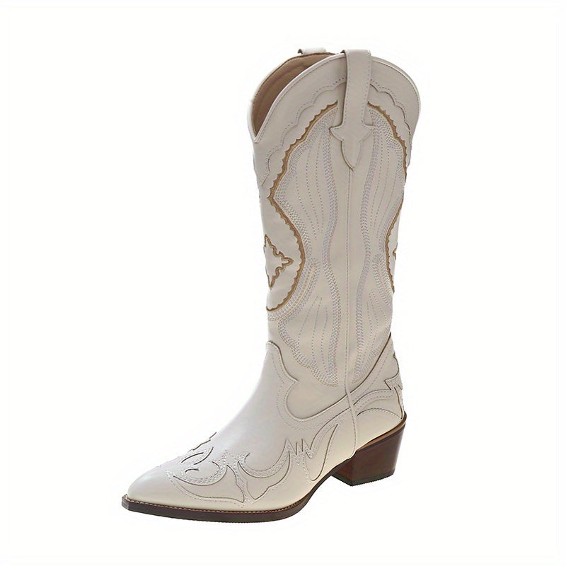 Women's Embroidered Pattern Boots Slip On Point Toe Casual Block Heel Boots