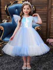 Girls Ruffled Sleeves Puffy Princess Dress Sequin Block Tulle Tutu Dress