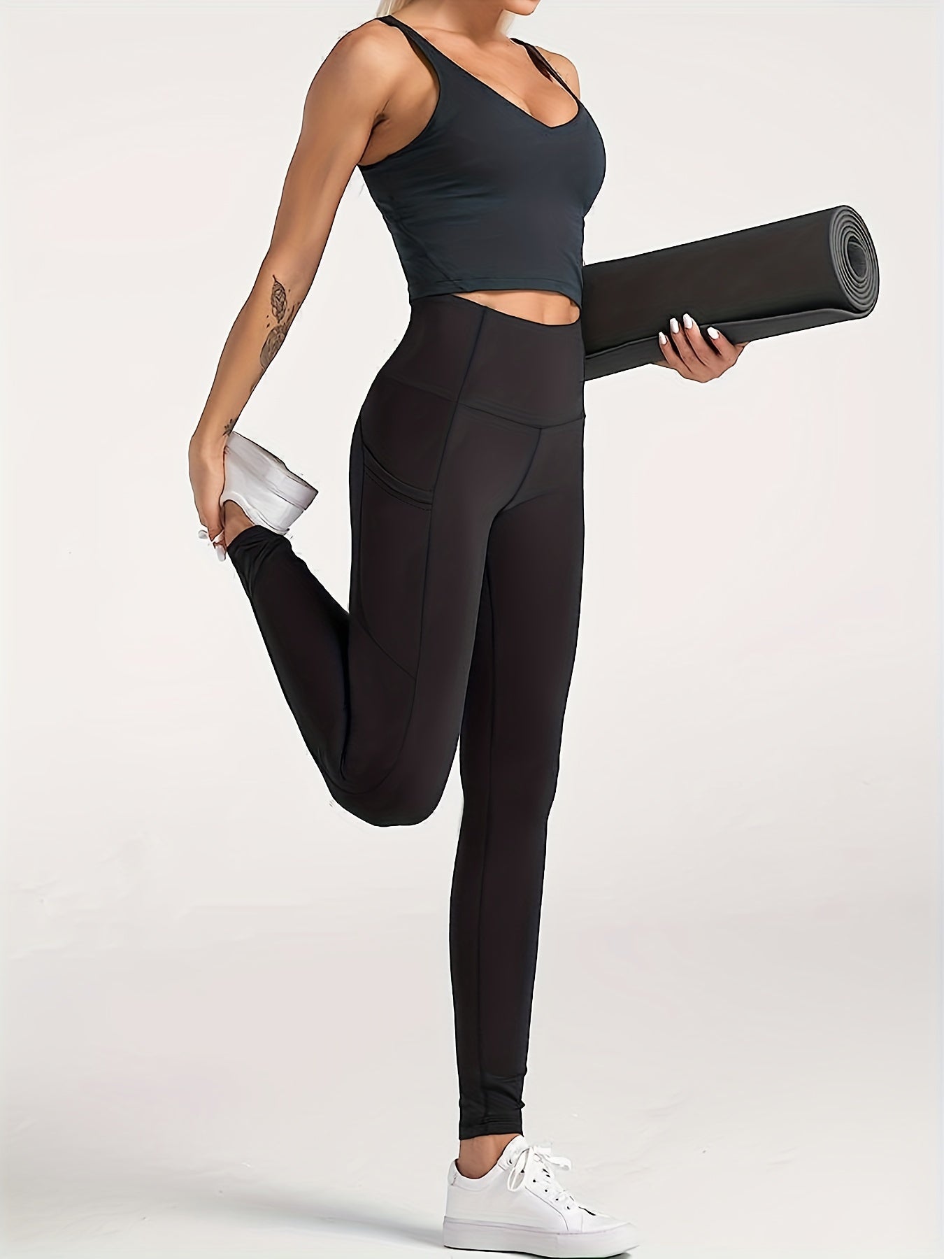 Sports Leggings Women's Plus Solid Pipping Wide Band Waist Skinny
