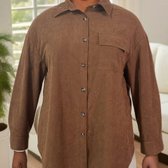 Solid Corduroy Long Sleeve Button Up Lapel Collar Shirt Top