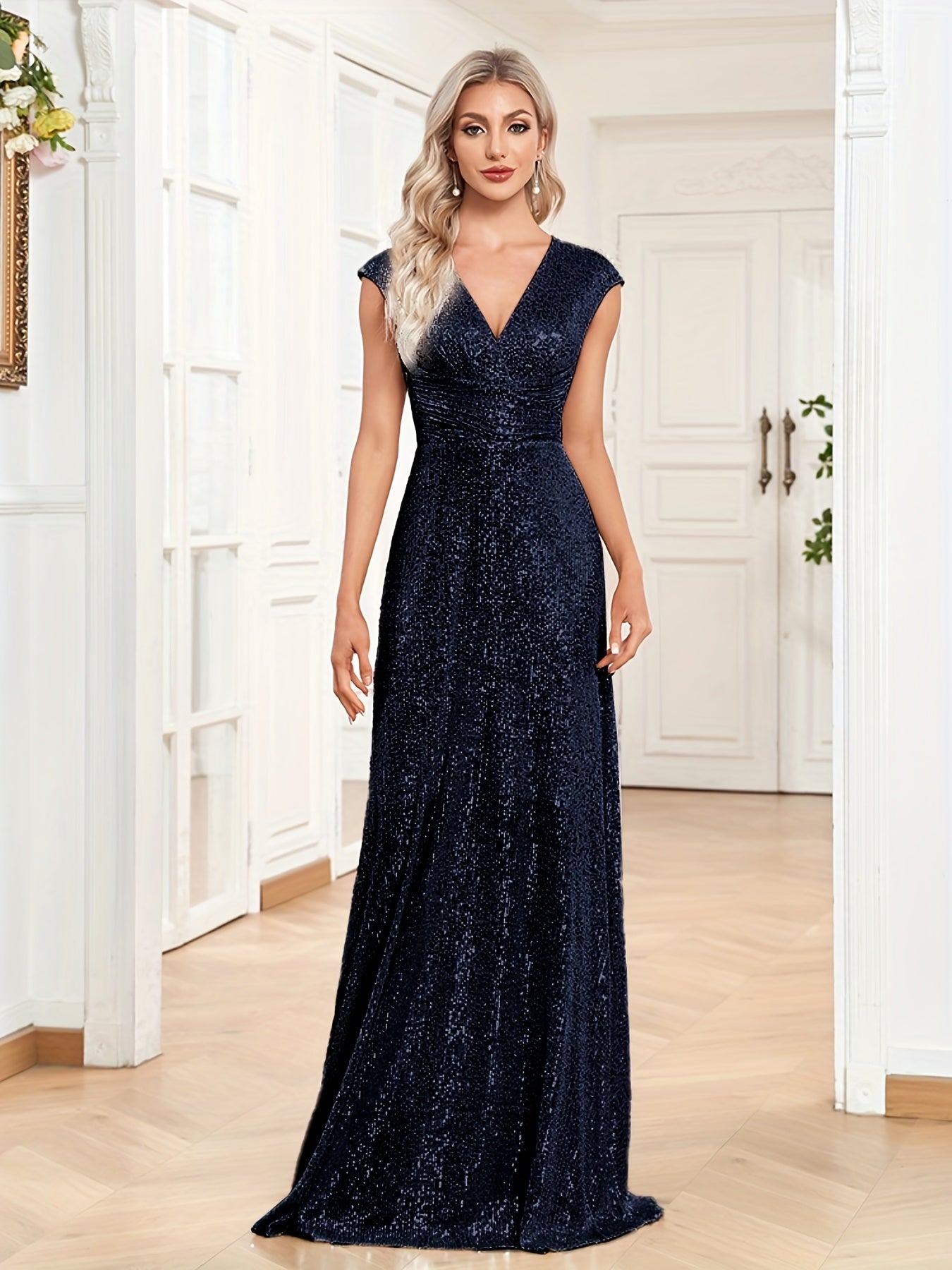 Sequined Maxi Dress V Neck Gown Dress For Bridesmaid Cocktail Party