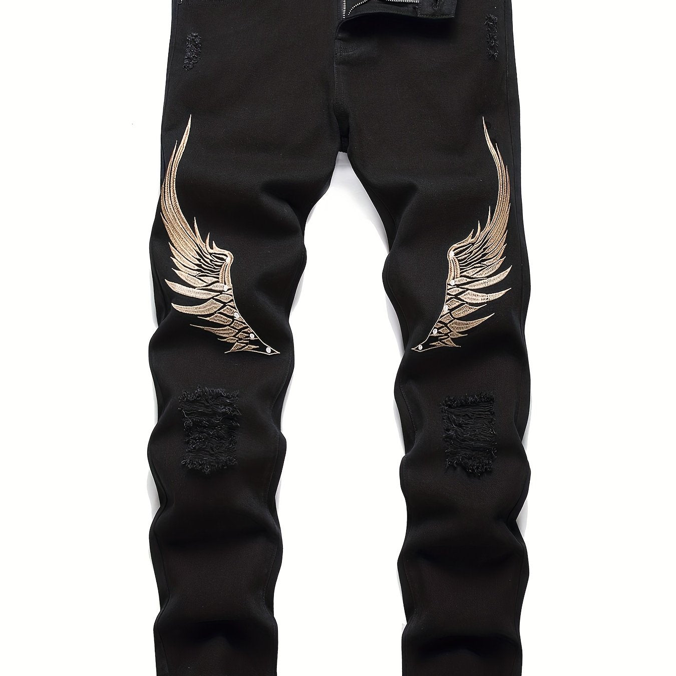 Men's Wing Embroidery Jeans Distressed Denim Pants
