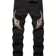 Men's Wing Embroidery Jeans Distressed Denim Pants