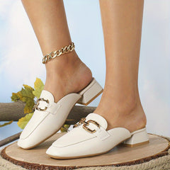 Chunky Heeled Mules Square Toe Slip On Shoes
