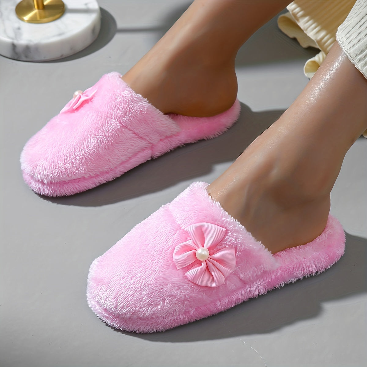 Women's BowKnot Decor Slippers Closed Toe Slip On Shoes Comfortable & Warm