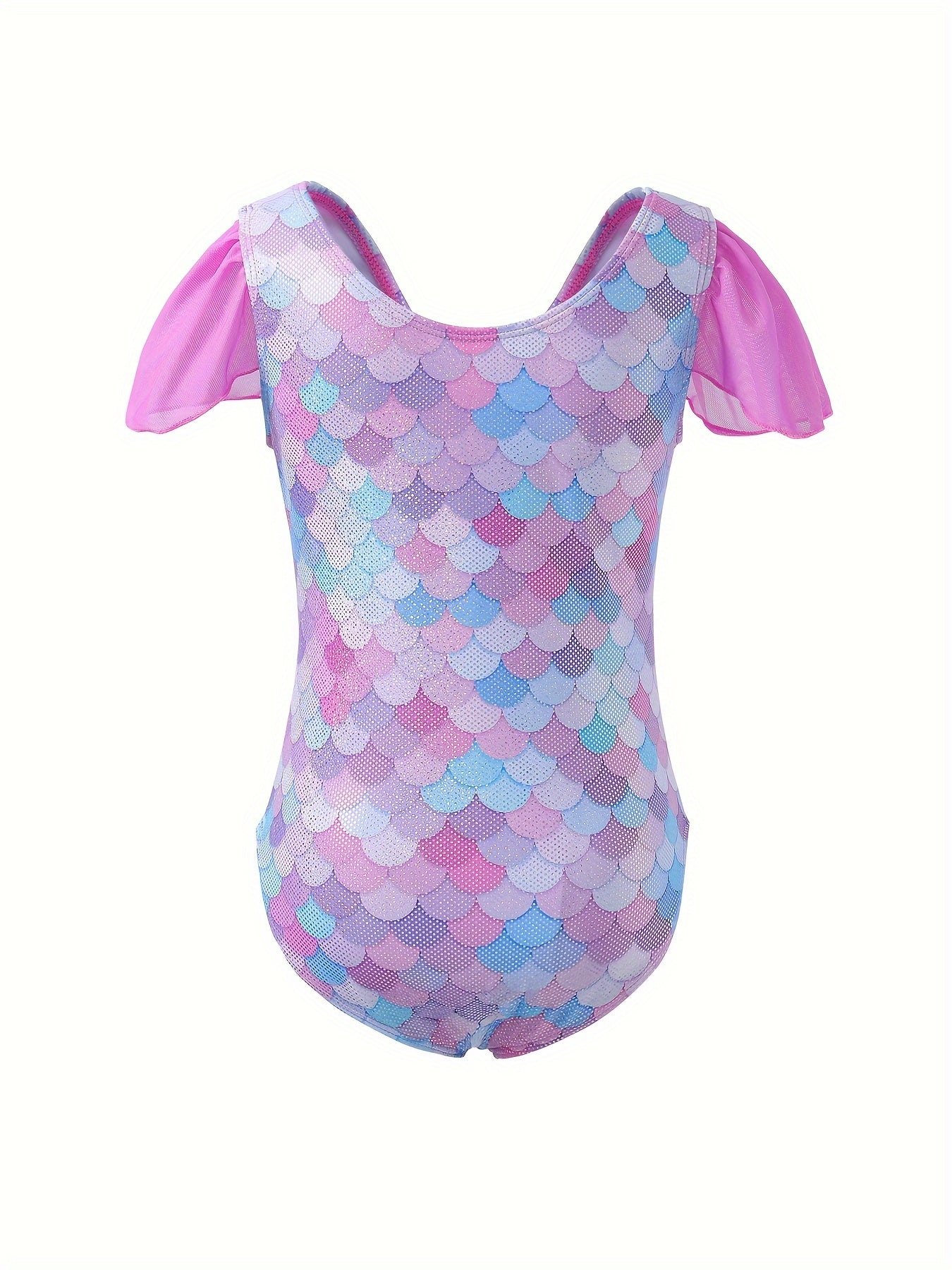 Fish Scale Print Gymnastics Leotard with Flutter Trim