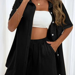 Solid Casual Two-piece Set Button Front Shirt & Shorts