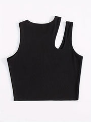 Solid Cutout Crop Tank Top Sleeveless Summer Casual Crew Neck