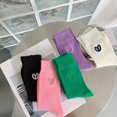 5 Pairs Heart Embroidery Comfy Mid Tube Socks Women's Stockings