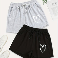 2 Pack Women's Plus Casual Heart Print Drawstring Shorts Set