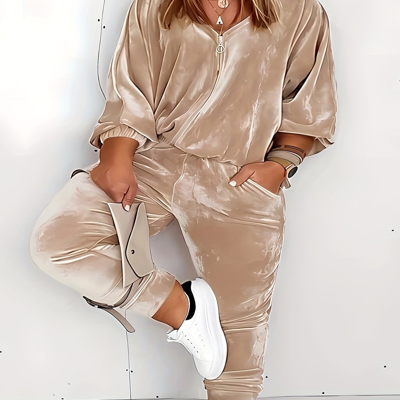 Long Sleeve Velvet Coat & Pocketed Pants Two Piece Set