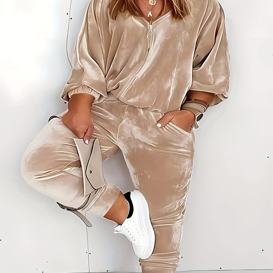 Long Sleeve Velvet Coat & Pocketed Pants Two Piece Set