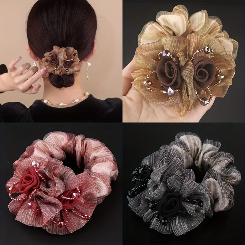 Vintage Mesh Flower Beaded Hair Scrunchie Ponytail Holder
