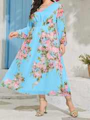 Abaya Dress Floral Print Lantern Sleeve V Neck Maxi Jalabiya Dress