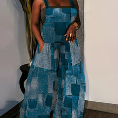 Women's Plus Denim Print Square Neck Wide Leg Jumpsuit