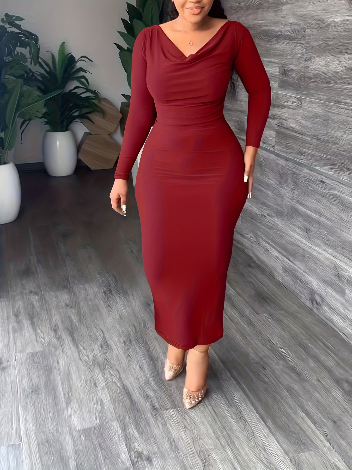 Solid Long Sleeve Cowl Neck Maxi Dress