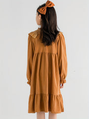 Girls' Solid Ruffle Trim Long Sleeve Dress For Christmas Party