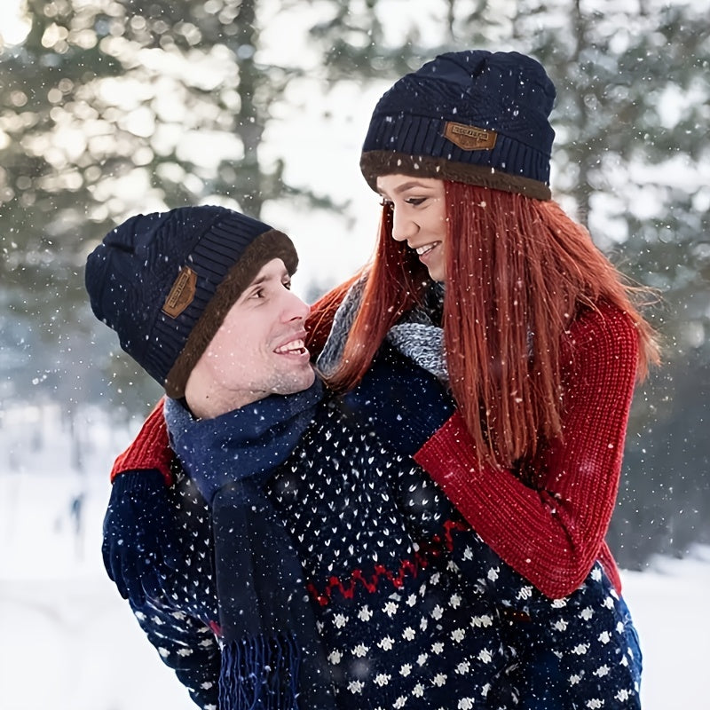 Winter Knitted Hat Scarf Gloves Set Velvet Lining Touch Screen Thermal Gloves