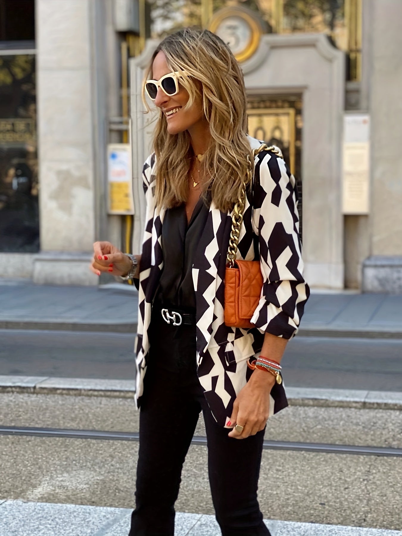 Geometric Print Lapel Collar Blazer