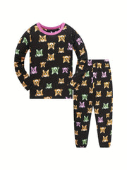 2pcs Toddler Girls Cat Graphic Pajama Set Long Sleeve Top & Pants