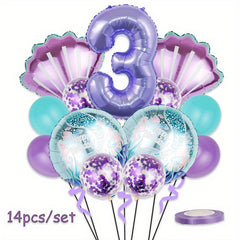 Mermaid Themed Birthday Party Balloon Set - Purple Shells & Numbers